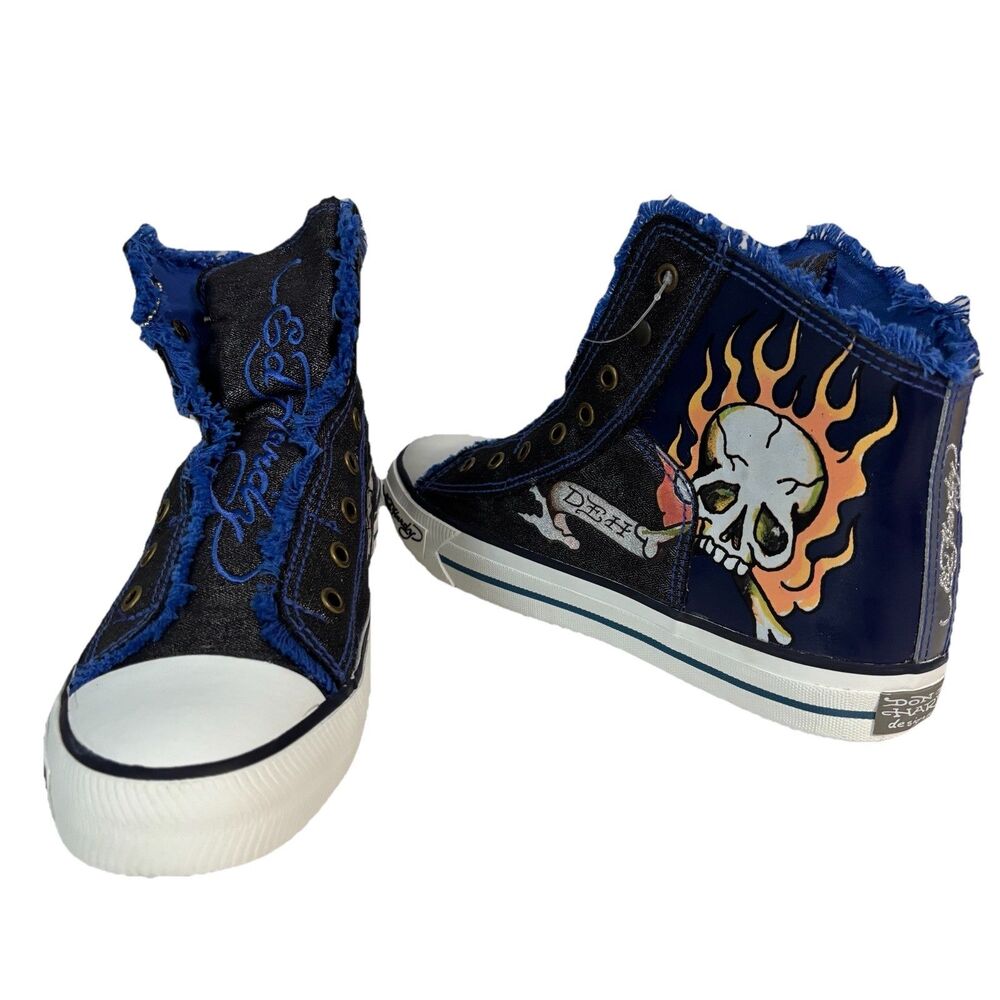 Ed Hardy Men High Top Shoes Sneakers Leather Vintage Y2K Skull Flames Size 12